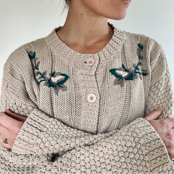 VTG Autograph American Ramie Cotton Tan Beige Knit Embroidered Cardigan Sweater - Picture 3 of 11